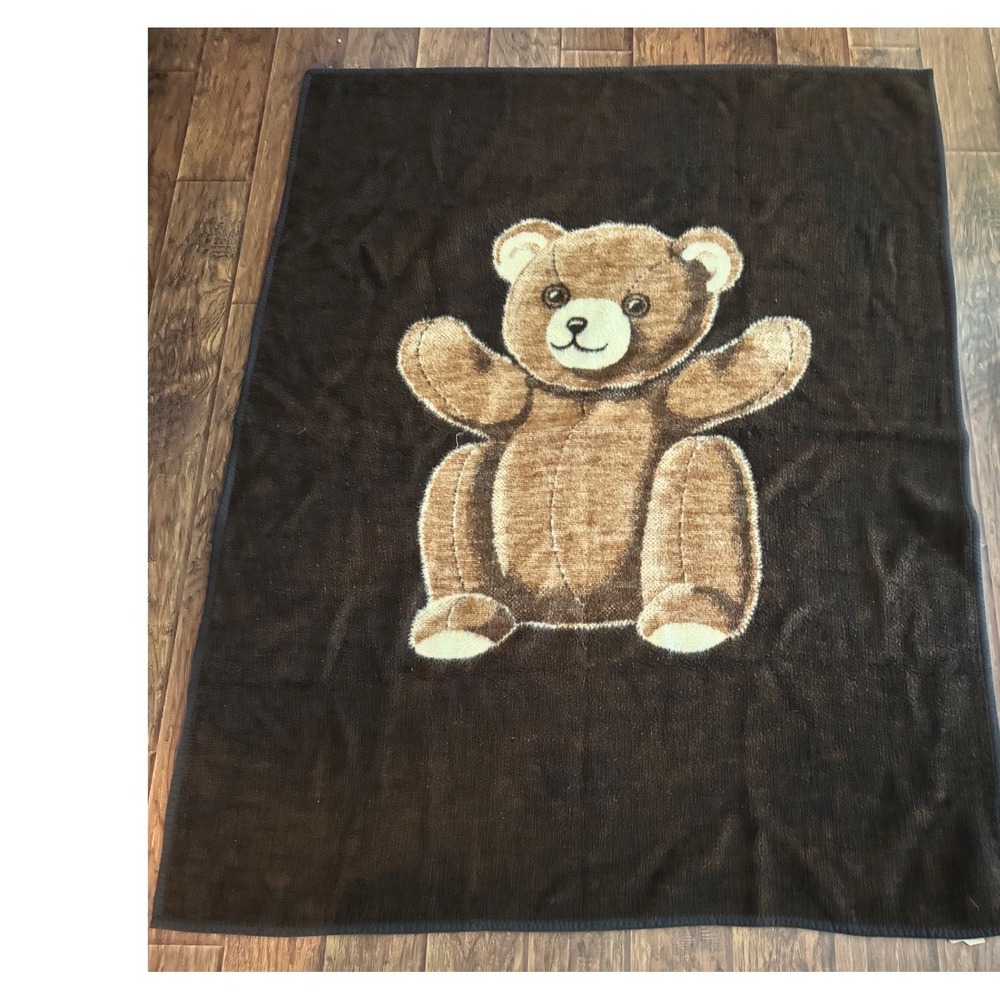 Vintage Biederlack Teddy Bear Throw Blanket Brown Cream 56x74 Made in USA Plush
